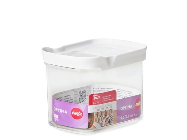 EMSA Optima, Säilö, Suorakulmainen, 1 L, Läpinäkyvä, Valkoinen, Styreeni-metyylimetakrylaatti (MS), Kestomuovinen elastomeeri, 55 °C