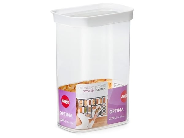 EMSA Optima, Säilö, Suorakulmainen, 2,2 L, Läpinäkyvä, Valkoinen, Styreeni-metyylimetakrylaatti (MS), Kestomuovinen elastomeeri, 55 °C