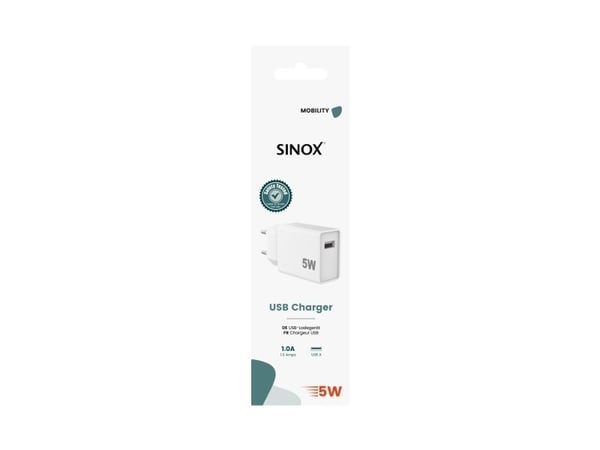 Sinox 230V USB-A-laturi 5W. Valkoinen