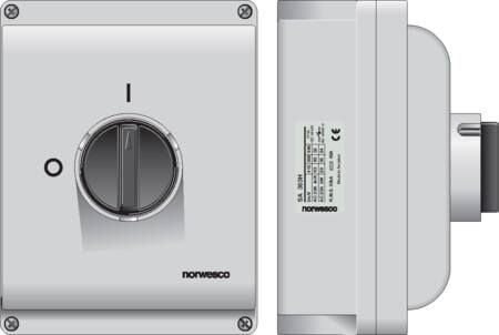 Turvakytkin 63A 3-napainen+H+PE, kytkin edessä, 4xM32+2xM16, IP65, AC23A 500V, 30kW moottoriteho 400VAC:lla, 142x185x125mm, 142x185x125mm