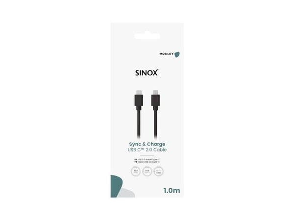 Sinox USB C-kabel. 1 m, Svart, 1 m, USB C, USB C, USB 2.0, 0,48 Gbit/sek, Svart
