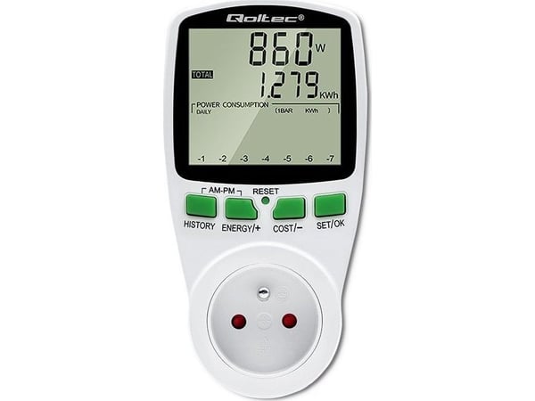 Qoltec Wattmeter PM0627 energiankulutusmittari mittaushistorialla| 3680W | 16A | LCD-näytön näyttö
