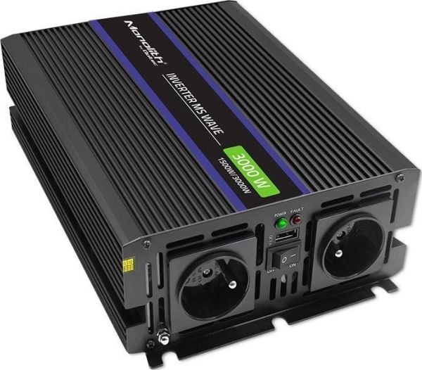 Qoltec Monolith 3000 MS Wave spenningsomformer | 12V til 230V | 1500/3000W | USB