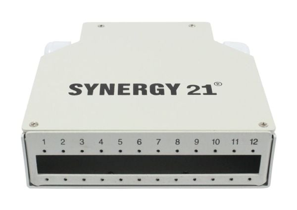 LWL patchpanel for DIN-skinne 12x LCDuplex/SCSimplex-kontakter uten koblinger lysgrå Synergy 21