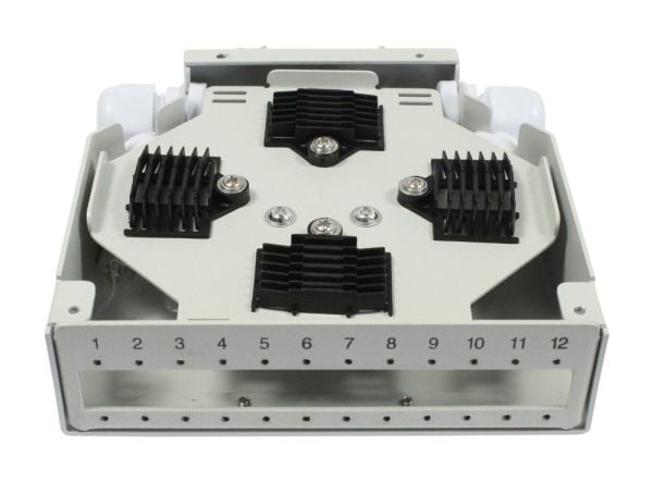 LWL patchpanel for DIN-skinne 12x LCDuplex/SCSimplex-kontakter uten koblinger lysgrå Synergy 21
