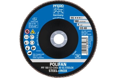 PFERD 67660485 PFF 180 CO-COOL 40 SG STEELOX Klaffslipeskive Diameter 180 mm Borediameter 22,23 mm Aluminiumslegering, Nikkelbasert legering,