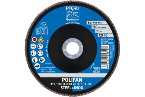 PFERD 67760485 PFC 180 CO-COOL 40 SG STEELOX Klaffslipeskive Diameter 180 mm Borediameter 22,23 mm Aluminiumslegering, Nikkelbasert legering,