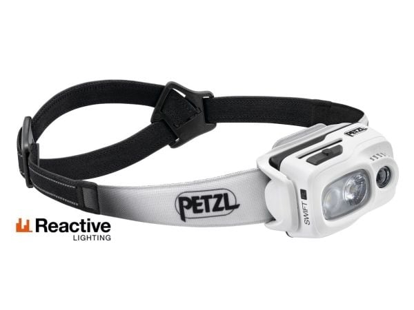 Petzl SWIFT RL, Taskulamppu otsanauhalla, Musta, Valkoinen, Painikkeet, IPX4, Akkutaso, CE, UKCA