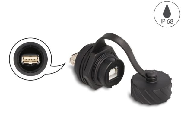 Delock-kaapeliliitin USB 2.0 type-B naaras USB 2.0 type-A naaras USB 2.0 type-A asennukseen bajonettikorkilla IP68