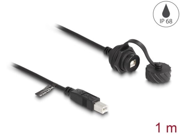 Delock-kaapeli USB 2.0 type-B uros USB 2.0 type-B naaras USB 2.0 type-B asennukseen bajonettilukituksella IP68 pölyn- ja vedenkestävyyskorkki