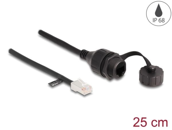 Delock - Nettverksforlengelseskabel - RJ-45 (hann) til RJ-45 (hunn) - 25 cm - 6 mm - FTP - CAT 5e - vanntett (IP68), sealing cap - svart