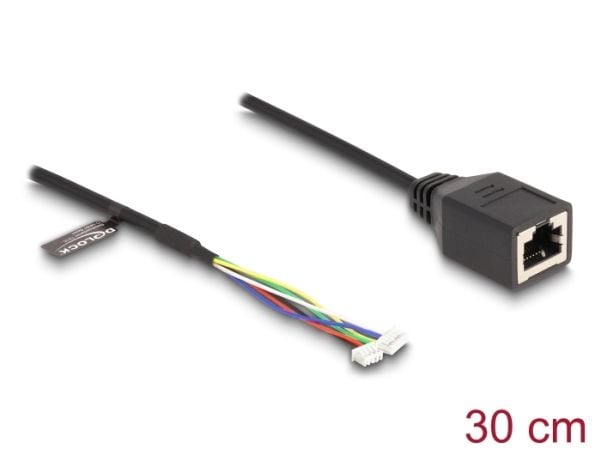 Delock - Nettverkadapterkabel - 6 pin header, 4 pin header (hunn) til RJ-45 (hunn) - 30 cm - 4 mm - CAT 5e - svart