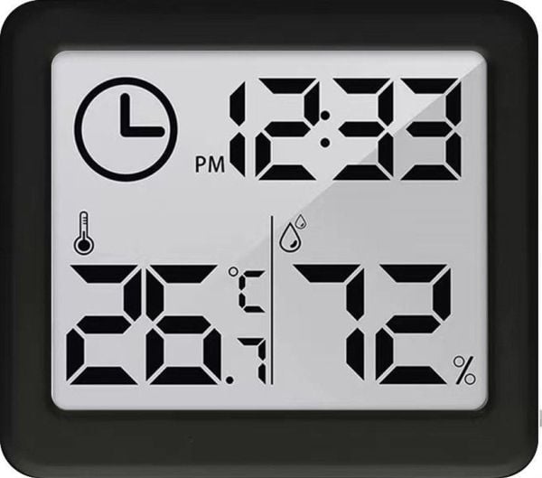 GreenBlue termometer/hygrometer med klokke GB384B svart