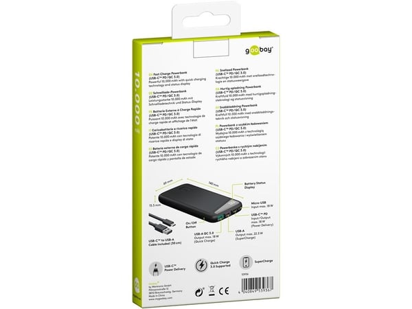 goobay - Strømbank - 10000 mAh - 37 Wh - PD, QC 3.0, Super Charge - 3 utgangskontakter (2 x USB, USB-C) - på kabel: USB-C - svart