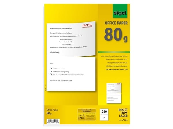 Sigel LP202 - Perforert - hvit - A5 (148 x 210 mm) - 80 g/m² - 200 etikett(er) (100 ark x 2) vanlig papir