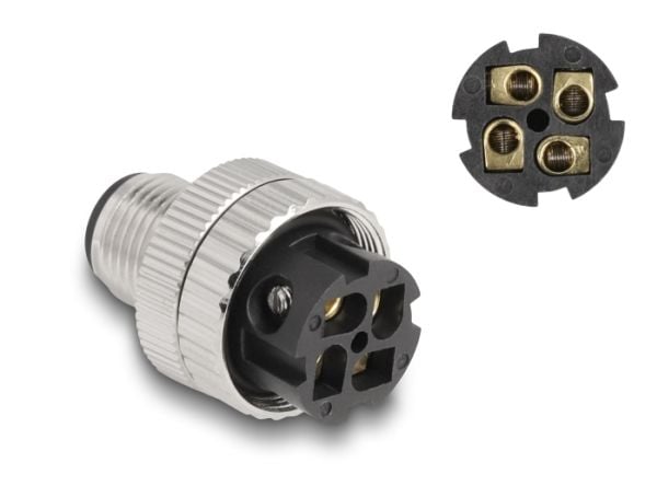 Delock - Strømkoblingsadapter - 4-pins M12 (hann) vinklet til skrueterminal - 250 V - 4 A - A-kodet - sølv, svart