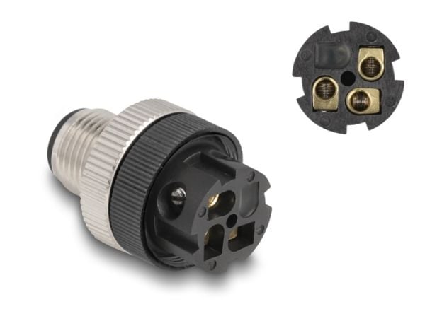 Delock - Strømkontakt - 3 pin M12-A (hann) til skrueterminal - 250 V - 4 A - A-kodet - svart