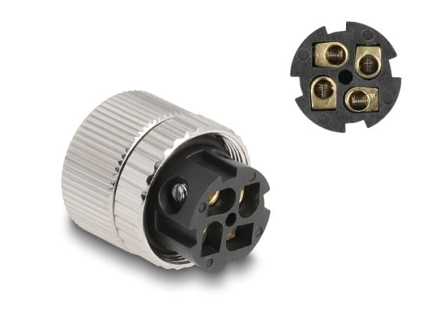 Delock - Strømkontakt - 4-stifts M12-A (hunn) til skrueterminal - 250 V - 4 A - 90° kontakt - sølv