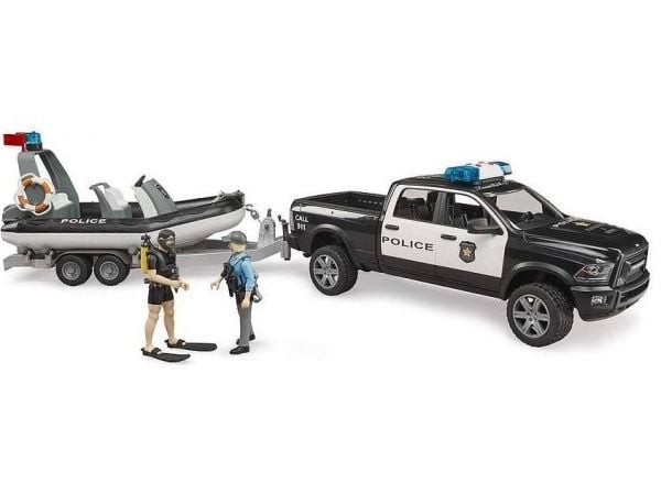 Bruder Dodge Ram 2500 Police pickup truck, trailer, boat, 2 figures with Light and Sound toy
