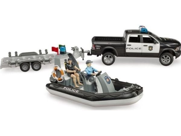 Bruder Dodge Ram 2500 Police pickup truck, trailer, boat, 2 figures with Light and Sound toy
