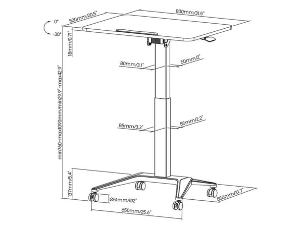Maclean MC-453 B Mobile Laptop Desk with Pneumatic Height Adjustment, Laptop Table with Wheels, 80 x 52 cm, Max. 8 kg, Height Adjustable Max. 109 c...