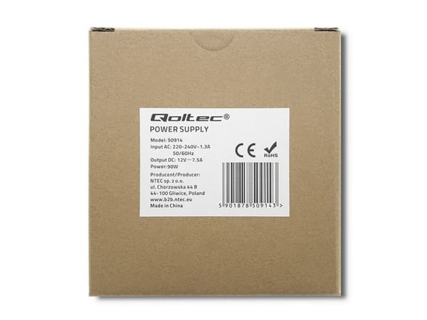 Qoltec strømforsyning for DIN-skinne 90 W 12 V 7,5 A hvit slim