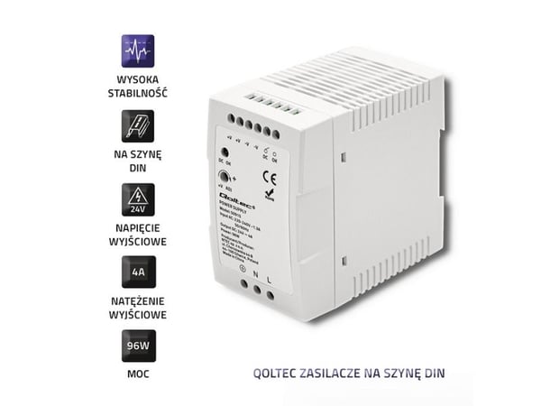 Qoltec DIN-skinne strømforsyning 96W 24V 4A hvit slim