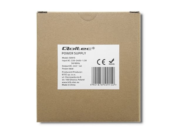 Qoltec DIN-skinne strømforsyning 96W 24V 4A hvit slim