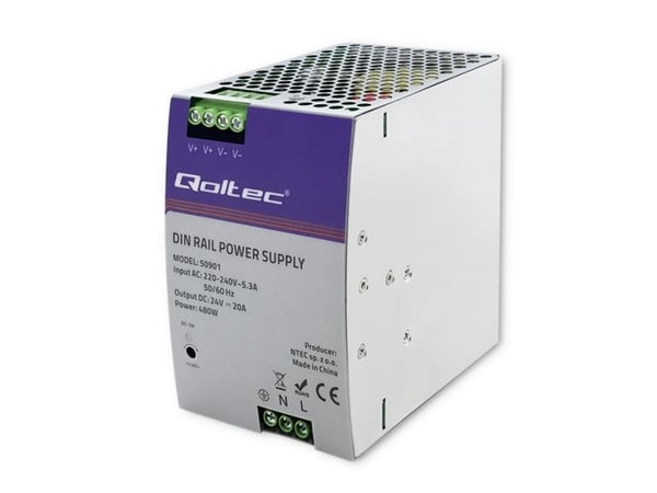 Qoltec 50901 Industriel DIN-skinne strømforsyning | 480W | 24V | 20A