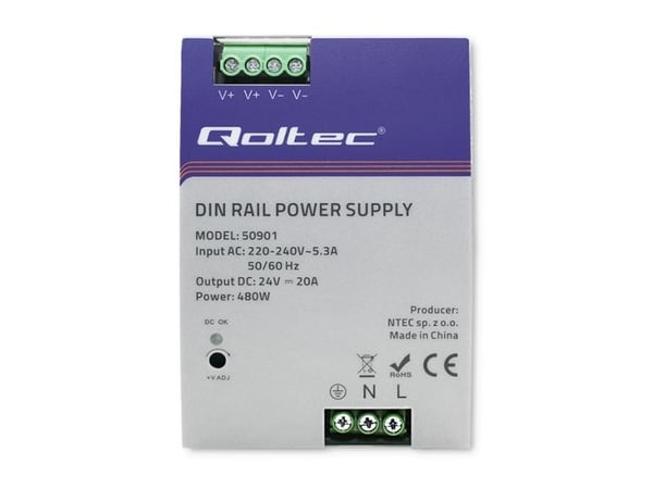 Qoltec 50901 Industriel DIN-skinne strømforsyning | 480W | 24V | 20A