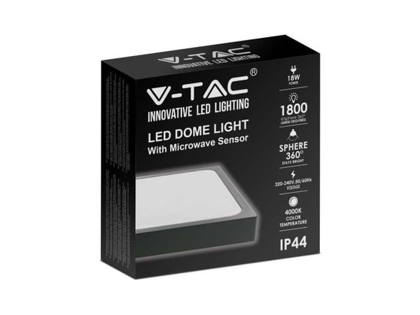 V-TAC taklampa LED kvadrat 24W 42cm med rörelsesensor V-TAC svart VT-8624S neutral