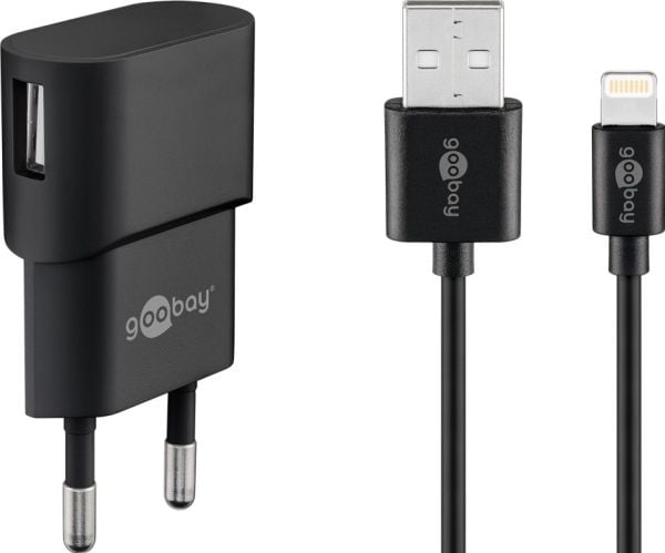 goobay Apple Lightning charger set - Strømadapter - 5 watt - 1 A (USB) - på kabel: Lightning - svart