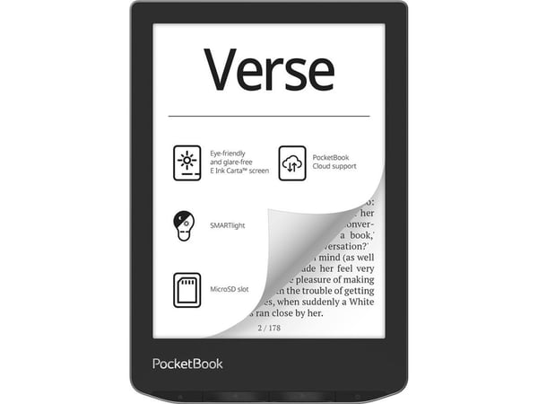 PocketBook Verse, 15,2 cm (6"), E Ink Carta, 758 x 1024 piksler, ACSM, DOCX, AZW, DjVu, PRC, AZW3, EPUB, MOBI, RTF, EPUB DRM, FB2, PDF, CBR, FB2.ZI...