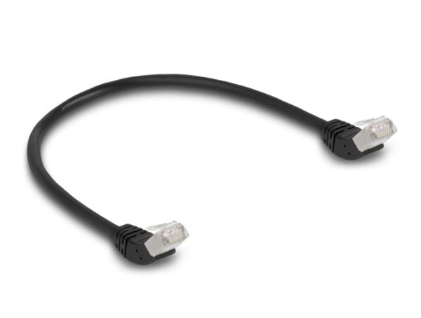 Delock - Koblingskabel - RJ-45 (hann) vinklet til RJ-45 (hann) vinklet - 50 cm - 6 mm - S/FTP - CAT 6a - med støvel, halogenfri - svart