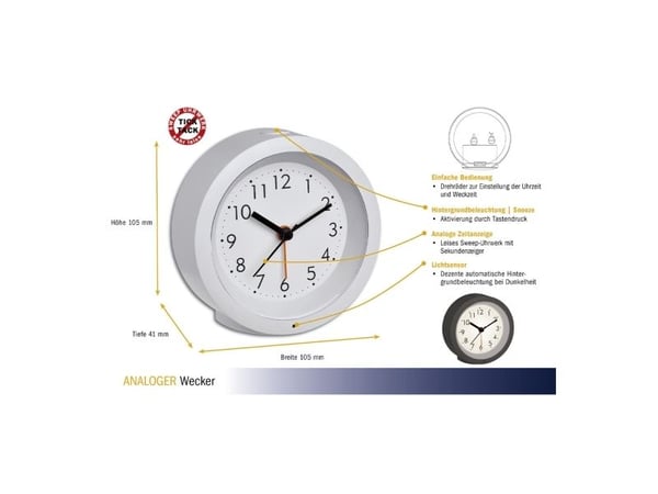 TFA-Dostmann 60.1029.02, Quartz vekkerklokke, Rund, Hvit, Analog, Batteri, AA