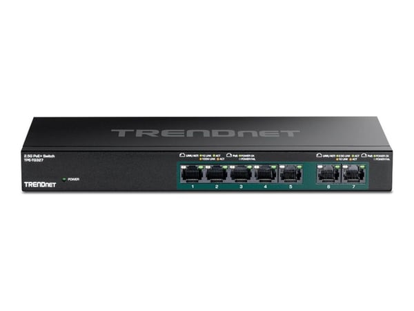 TRENDnet TPE TG327 - Switch - ikke-styrt - 5 x 10/100/1000 (PoE+) + 2 x 10/100/1000/2.5G (PoE+) - veggmonterbar - PoE+ (70 W) - TAA-samsvar