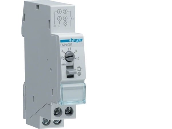 HAGER Automatisk trappkontroll, 1NO 16A, 250VAC, spolspänning 230VAC 50/60Hz, inställning 30sec-10min, din-skena, 18mm bred, 3- eller 4-trådig
