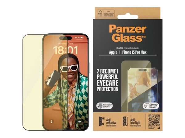 PanzerGlass™ | Ultra-Wide Fit - Skjermbeskyttelse for mobiltelefon - EyeCare Protection | Apple iPhone 15 Pro Max