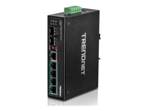 TRENDnet TI-PG62 - Switch - ikke-styrt - 4 x 10/100/1000 (PoE+) + 1 x delt Gigabit SFP + 1 x Gigabit SFP + 1 x delt 10/100/1000 - DIN-skinnemonterb...