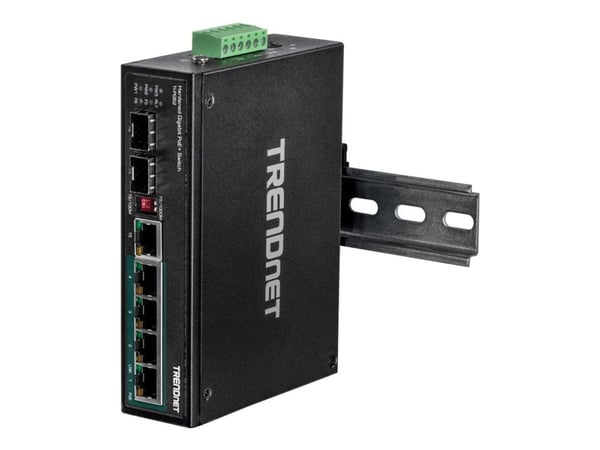 TRENDnet TI-PG62 - Switch - ikke-styrt - 4 x 10/100/1000 (PoE+) + 1 x delt Gigabit SFP + 1 x Gigabit SFP + 1 x delt 10/100/1000 - DIN-skinnemonterb...