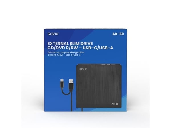 SAVIO AK-59 - Platestasjon - DVD±RW (±R DL) - 8x/8x - USB-C/USB-A - ekstern - for P/N: CAK-02, CAK-03