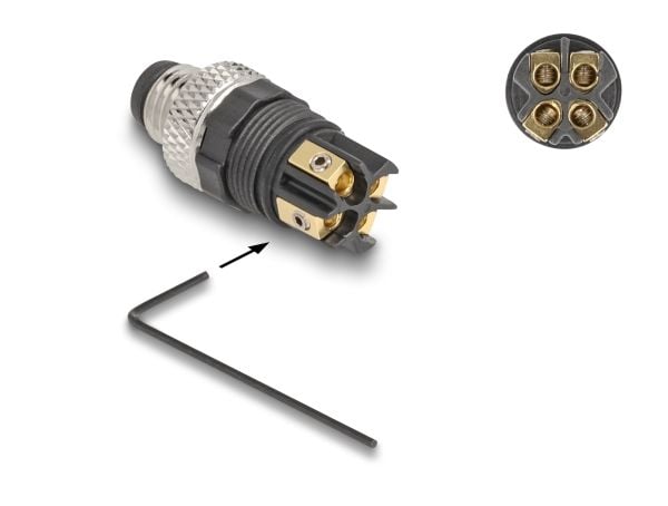 Delock - Strømkontakt - 4 pin M8-A (hann) til skrueterminal - 60 V - 3 A - svart