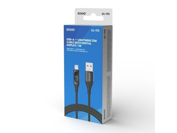 Savio USB - Lightning cable with display CL-173 1 m black, 1 m, Lightning, USB A, Hankjønn/hunkjønn, Hankjønn/hunkjønn, Sort