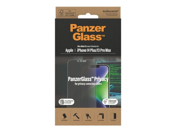 PanzerGlass P2785, Apple, Apple - iPhone 14 Plus, Apple - iPhone 13 Pro Max, Asennus kuivana, Naarmuuntumisenkestävä, Iskunkestävä, Antibakteerinen...