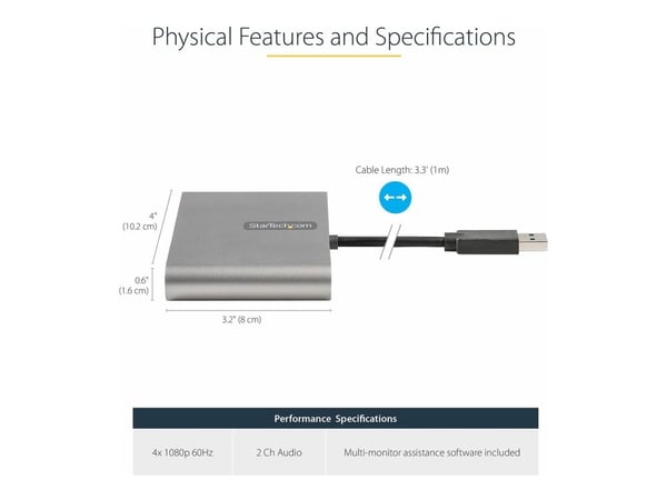 StarTech.com USB 3.0 - 4x HDMI-sovitin - Ulkoinen video- ja grafiikkakortti - USB Type-A - Quad HDMI Display Adapter Dongle - 1080p 60Hz - Moninäyt...