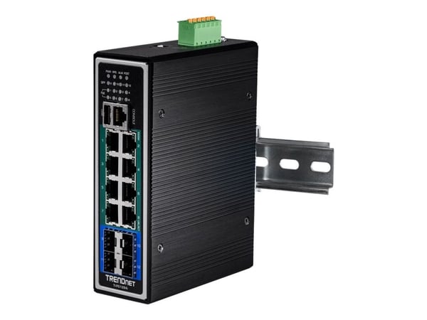 TRENDnet TI-PG1284I - Switch - L2+ - Styrt - 8 x 10/100/1000 (PoE+) + 4 x Gigabit SFP - DIN-skinnemonterbar - PoE+ (240 W) - TAA-samsvar