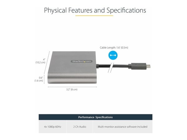 StarTech.com USBC2HD4, USB Type-C, HDMI-lähtö, 1920 x 1080 pikseliä