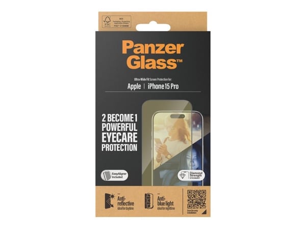 PanzerGlass™ | Ultra-Wide Fit - Skjermbeskyttelse for mobiltelefon - EyeCare Protection | Apple iPhone 15 Pro