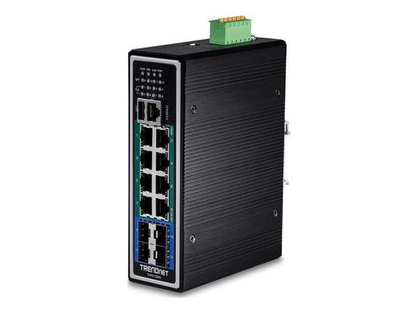 TRENDnet TI-PG1284I - Switch - L2+ - Styrt - 8 x 10/100/1000 (PoE+) + 4 x Gigabit SFP - DIN-skinnemonterbar - PoE+ (240 W) - TAA-samsvar