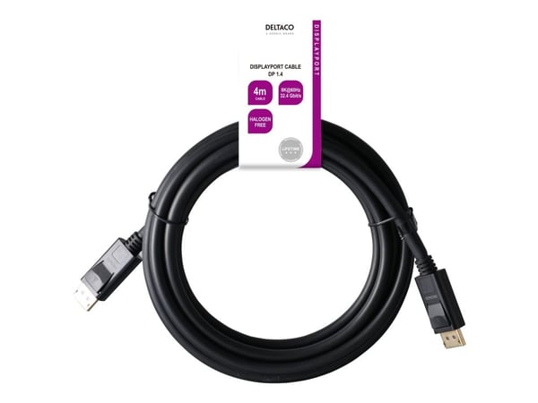 DELTACO - DisplayPort-kabel - DisplayPort (hann) til DisplayPort (hann) - DisplayPort 1.4 - 4 m - halogenfri, 8 K 60 Hz (7680 x 4320) støtte - svart
